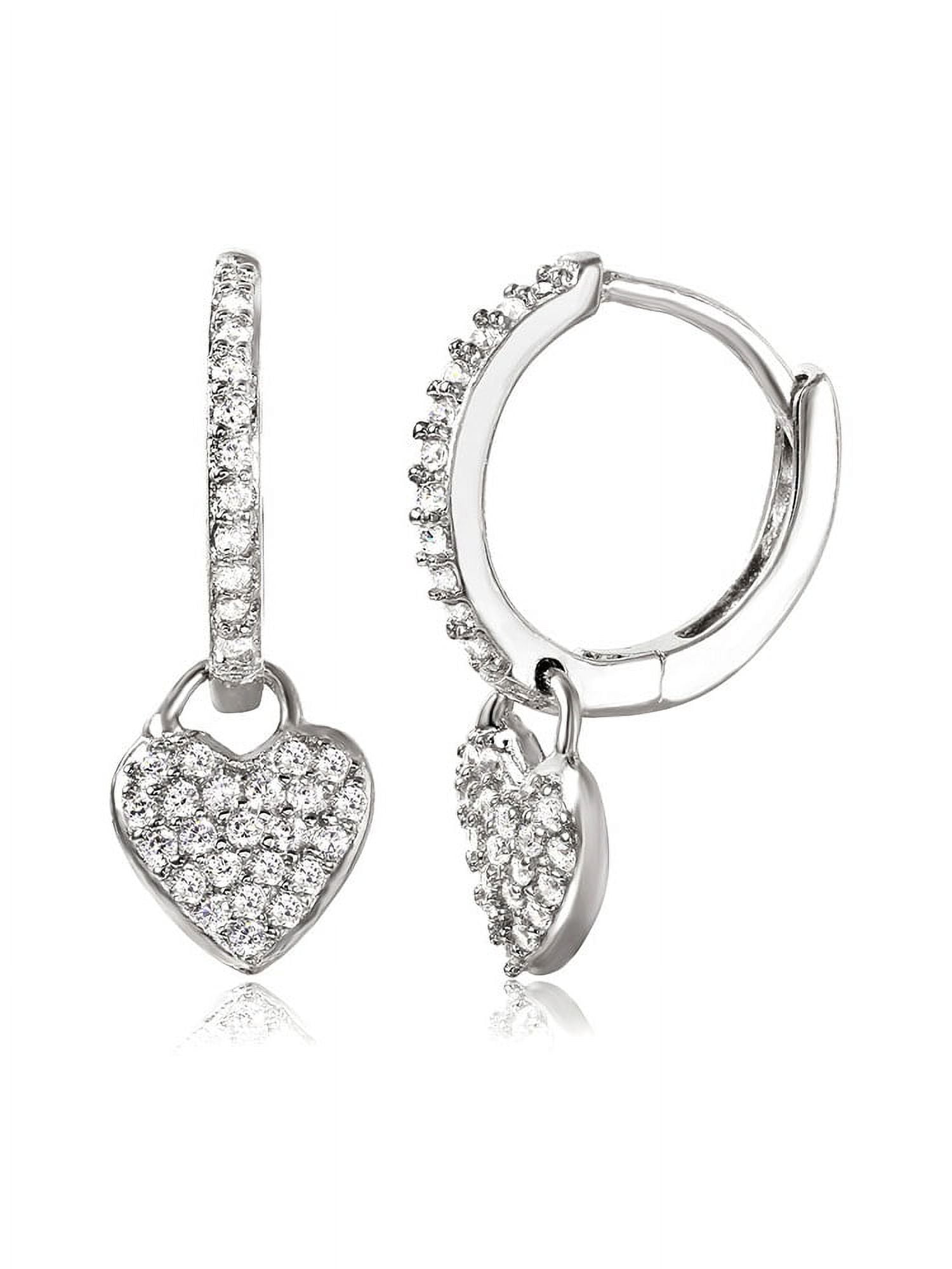 Clear Pave Set Cubic Zirconia Hanging Heart Hoop Earrings Rhodium Plated Sterling Silver