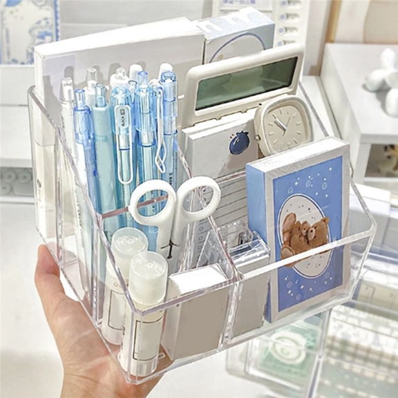 Clear Pen Organizer for Desk, Plastic Office Supply Storage and Accessories Box for Marker, Stationery, Pencil Cup B