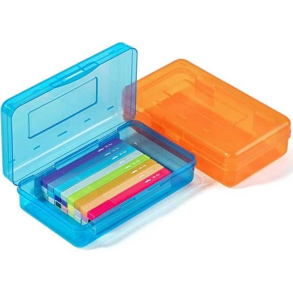 - Clear Pencil Boxes, 2 Pack, Orange/Blue, Snap-Tight Lid, Plastic Pencil Box Organizer, 7.9"x4.5"x2.4"