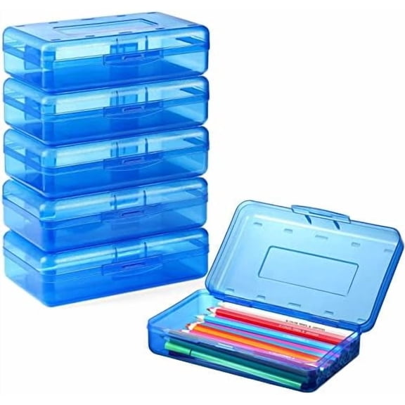 Clear Pencil Case 6 Pack – Plastic Pencil Box & Crayon Box Bulk, Large Storage Containers with Snap Lids | Stackable Marker Craft & Art Supply Storage Organizer, Pen Case for School Supplis,Blue