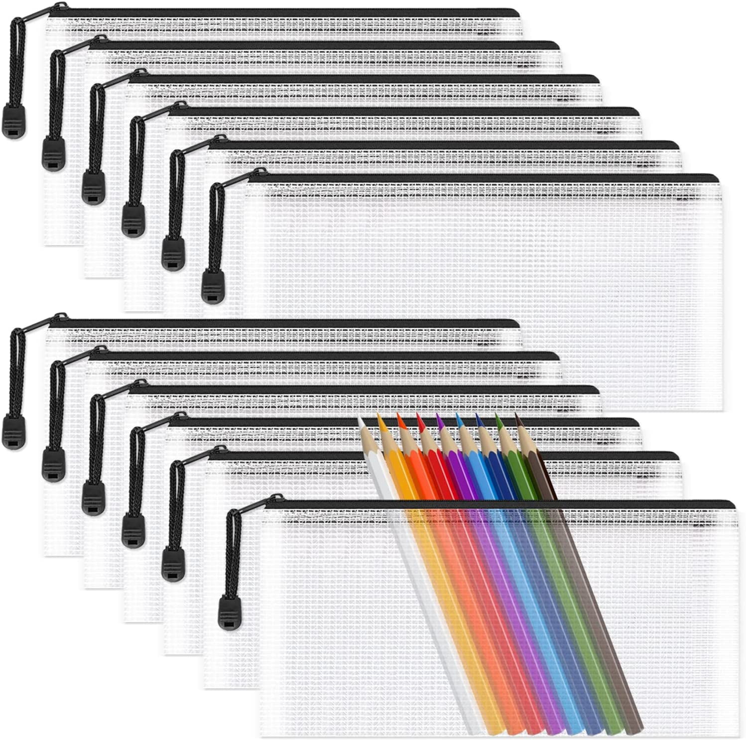 Clear Pencil Case Mesh Pencil Pouch. 12PCS Clear PVC Zipper Pencil Bag