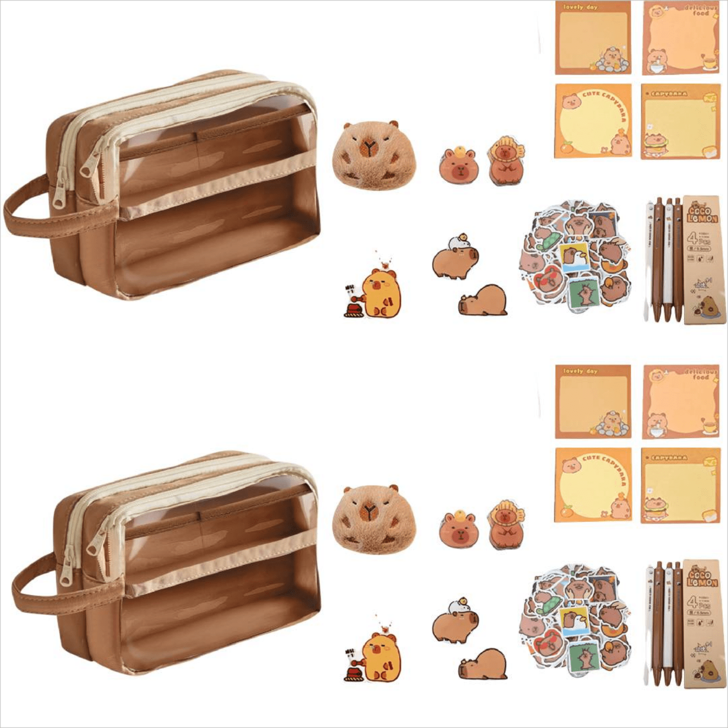 Cute Capybara Pencil Case - 10 Compartments, Wide Opening, Includes Pins, Pens & Stickers, Large Capacity