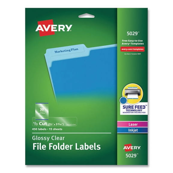 Clear Permanent File Folder Labels With Sure Feed Technology, 0.66 X 3.44, Clear, 30/sheet, 15 Sheet | Bundle of 5