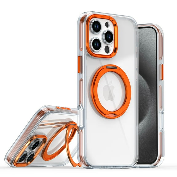 Clear Phone Case for Apple iPhone 13 Pro Max, 360 Rotating Kickstand Ring Holder Not-Yellowing Anti-Scratch Rugged TPU PC Slim Fit Case for iPhone 13 Pro Max, Orange