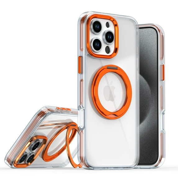 Clear Phone Case for Apple iPhone 13 Pro Max, 360 Rotating Kickstand Ring Holder Not-Yellowing Anti-Scratch Rugged TPU PC Slim Fit Case for iPhone 13 Pro Max, Orange