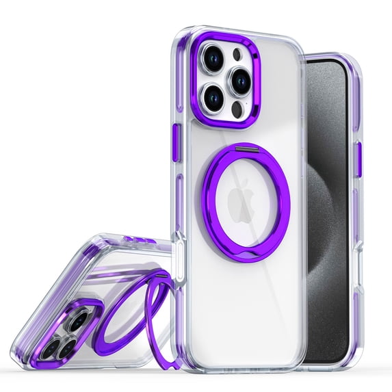 Clear Phone Case for Apple iPhone 15 Plus, 360 Rotating Kickstand Ring Holder Not-Yellowing Anti-Scratch Rugged TPU PC Slim Fit Case for iPhone 15 Plus, Purple