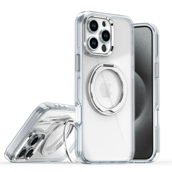 Clear Phone Case for Apple iPhone 16 Pro, 360 Rotating Kickstand Ring Holder Not-Yellowing Anti-Scratch Rugged TPU PC Slim Fit Case for iPhone 16 Pro, White