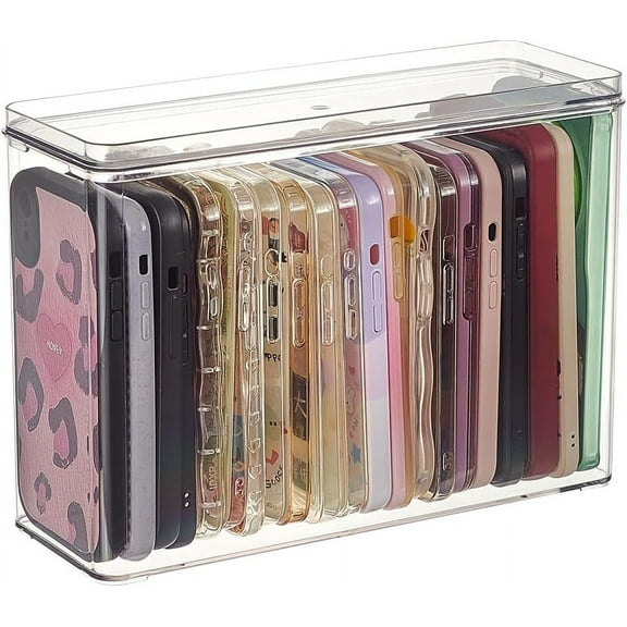 Clear Phone Case Organizer 10x3.58x7.2inch PET Plastic Stackable Mobile Phone Case Storage Box Rectangle Multifunctional Cell Phone Case Holder with Lid for DIY