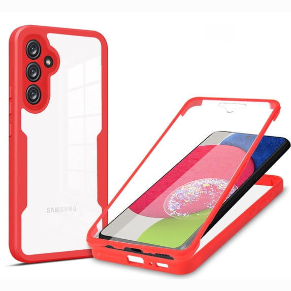 Clear Phone Case for Samsung Galaxy A16 5G with Built-in Screen Protector, Dual-Layers Rugged Clear Acrylic TPU Bumper Full Body Shockproof Non-Yellowing Cover for Samsung Galaxy A16 5G, Red