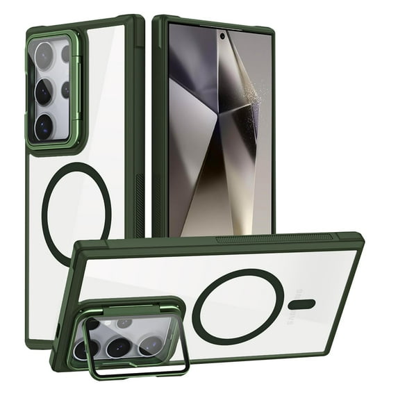 Clear Phone Case for Samsung Galaxy S25 Ultra with 1 Pack Screen Protector, Magnetic Case with Camera Lens Kickstand, Shockproof and Anti-Yellow, Compatible with MagSafe and Car Mount, Green