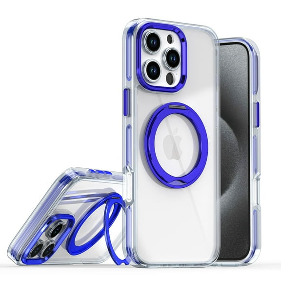 Clear Phone Case for Apple iPhone 16, 360 Rotating Kickstand Ring Holder Not-Yellowing Anti-Scratch Rugged TPU PC Slim Fit Case for iPhone 16, Blue