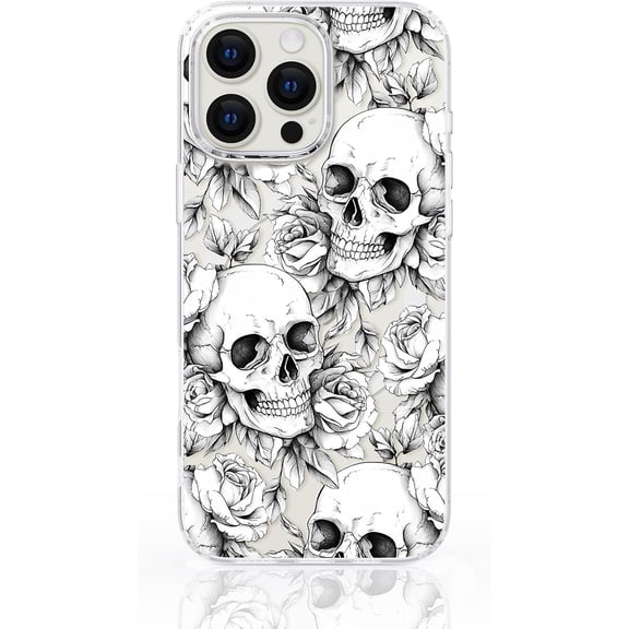 Clear Phone Case for iPhone 13 Pro Compatible with Magsafe, Cute Rose Gothic Skull Skeleton Hippie Punk Boho Design Shock Proof Heavy-Duty Protection for Women Girls Men Boys