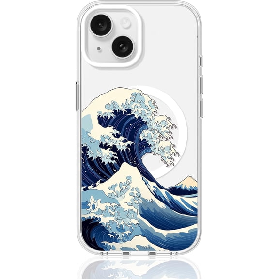 Clear Phone Case for iPhone 15 Compatible with Magsafe, The Great Wave Ocean Surf Simple Shark Beach Designer Magnetic Shock Proof Heavy-Duty Protection for Men Boys Women Girls