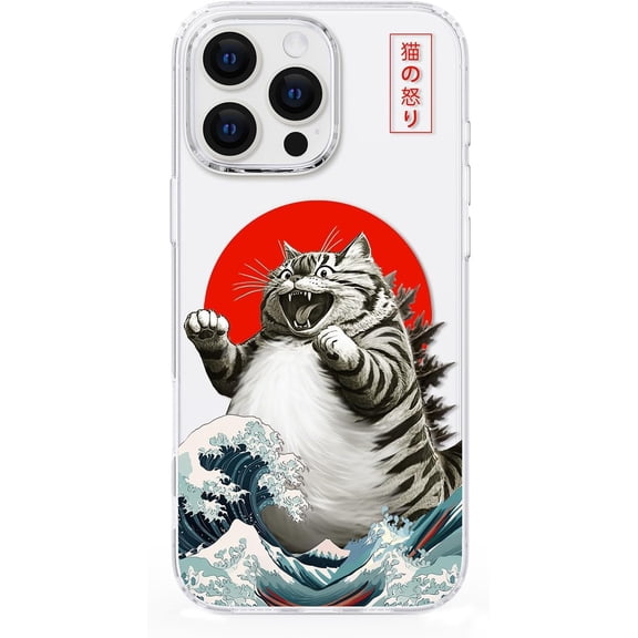 Clear Phone Case for iPhone 16 Pro Compatible with Magsafe, Funny Godzilla Cat Japanese Anime Catzilla Wave Design Shock Proof Heavy-Duty Protection for Men Women Boys Girls