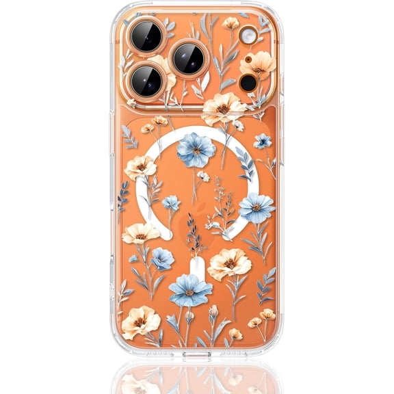 Clear Phone Case for iPhone 17 Pro Max Compatible with Magsafe, Cute Ink Floral Flower Design, Magnetic Shock Proof Heavy-Duty Protection, for Women Girls Men Boys