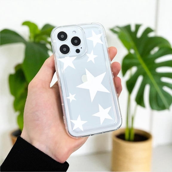 Clear Phone Case with White Stars, Cute Transparent Protective Cover, Slim Shockproof TPU Phone Case