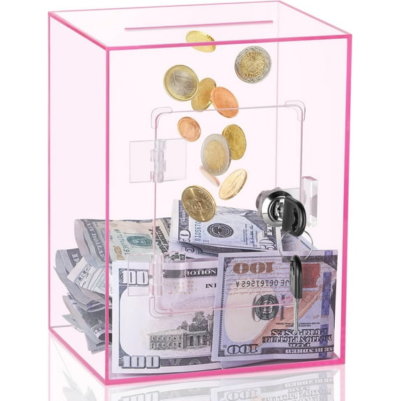 Clear Piggy Bank for Adults Kids, Large Acrylic Piggy Bank Money Saving Box for Cash Saving with Key, Openable Clear Acrylic Savings Jar for Real Money (Pink)