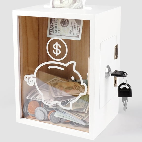 Clear Piggy Bank with Lock, Large Money Saving Jar Money Bank Box Container for Cash Saving, Openable Clear Money Coin Change Bank Jar Container Penny Piggy Jar Bank for Adults Kids, White