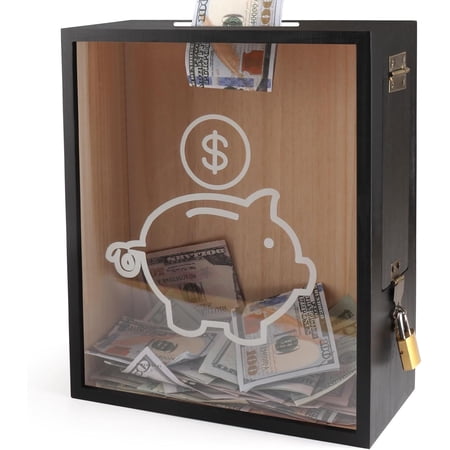Clear Piggy Bank with Lock, Large Money Saving Money Bank Box Container for Cash Saving, Openable Clear Money Coin Change Bank Container Penny Piggy Bank for Adults Kids, Black