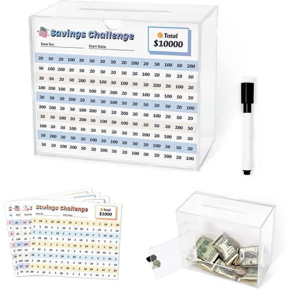 Clear Piggy Bank with Lock - Reusable Acrylic 10K Savings Challenge Box (Targets: 10,000 to 200) | Openable Money Jar or Coin Bank for Adults & Kids (Small)
