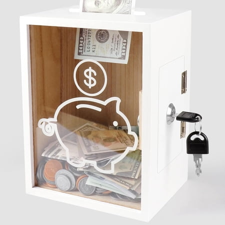 Clear Piggy Bank with Lock, Large Money Saving Jar 4/5 Gallon Capacity, Openable Wood & Acrylic Coin Bank for Cash Coins, Reusable Savings Box