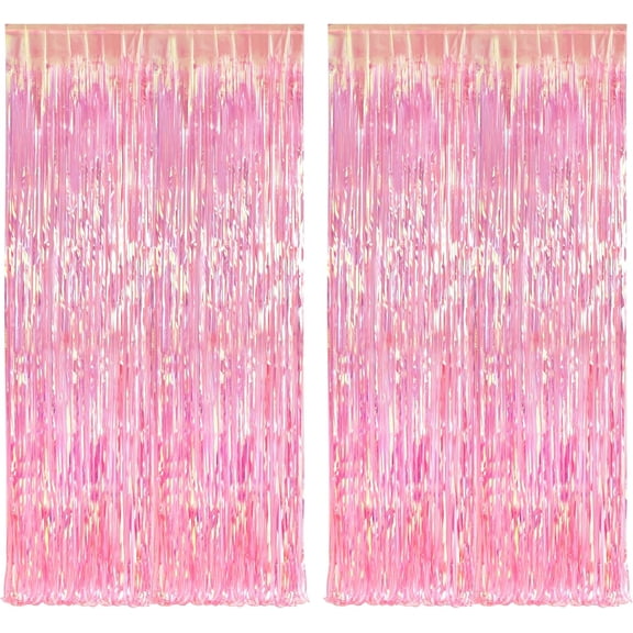 Clear Pink Streamers Party Curtain | Iridescent Fringe Backdrop | 2PCS 3.2x6.5ft Holographic Tinsel Curtain Photo Backdrop for Girls/Birthday/Bridal Shower/Bachelorette/Engagement Decorations