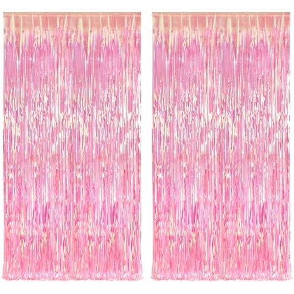 Clear Pink Streamers Party Decorations Iridescent Foil Fringe Backdrop - 2 Pack 3.2 x 6.5 ft Holographic Tinsel Curtain Party Photo Backdrop for Valentine’s Girl Birthdays Engagement Decor
