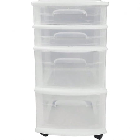 Clear Plastic 4 Drawer Medium Home Organization Storage Container Tower W/2 Large And 2 Small Drawers, And Removeable Caster Wheels, White Frame