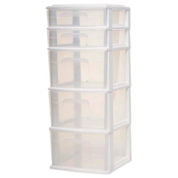 Clear Plastic 5 Drawer Medium Home Organization Storage Container Tower with 3 Large Drawers and 2 Small Drawers, White Frame (2 Pack)
