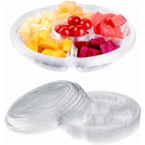 Clear Plastic Appetizer Trays with Lids, Travel Round Disposable Compartment Serving Platters,6 Sectional Catering Trays for Vegetable Salad Food for Fruit Veggie Snack Food Containers (10 Pack)
