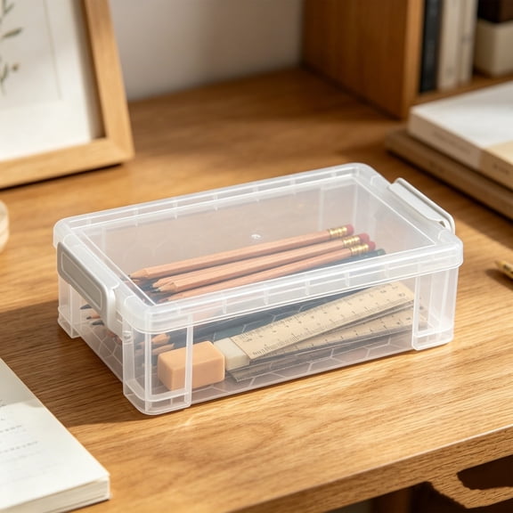 Clear Plastic Art Supply Storage Box for Paintbrushes and Stationery, Rectangular Desktop Drawer Organizer with Double Latch and Large Capacity