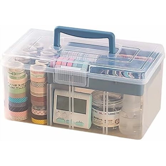 Clear Plastic Arts & Craft Supplies Organizer Box Large with a Removable Tray & A Partition & Handle, Office Home School Desktop Stationery Storage Box, Medicine Box (Clear & Ocean Blue)