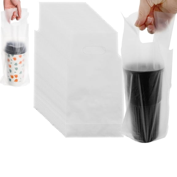 Clear Plastic Bags,Set of 100 Disposable Handle Drinking Bags,6x11"Plastic Holder with Handle for Drink Cups,Coffee Shop Supplies