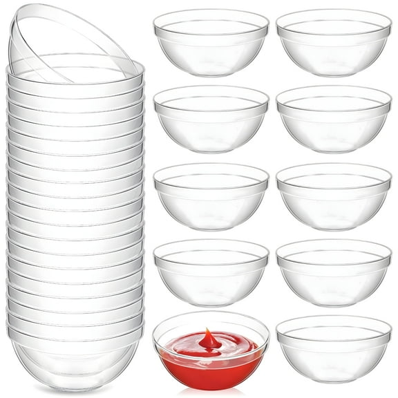 A set of 30 mini transparent disposable bowls, 2.5oz transparent small bowls that can be stacked for kitchen preparation, desserts, dipping sauces, salads, and candy plates