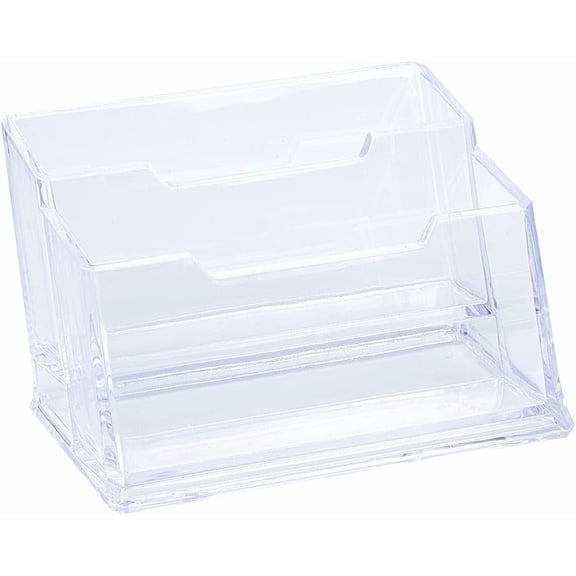 Clear Plastic Business Card Holder Trapezoid Desktop Cards Display Stand 2 Pieces 2 Tier Desk Accessory Transparent Name Case Box Organizer Horizontal Exhibition Home Office DIY Making