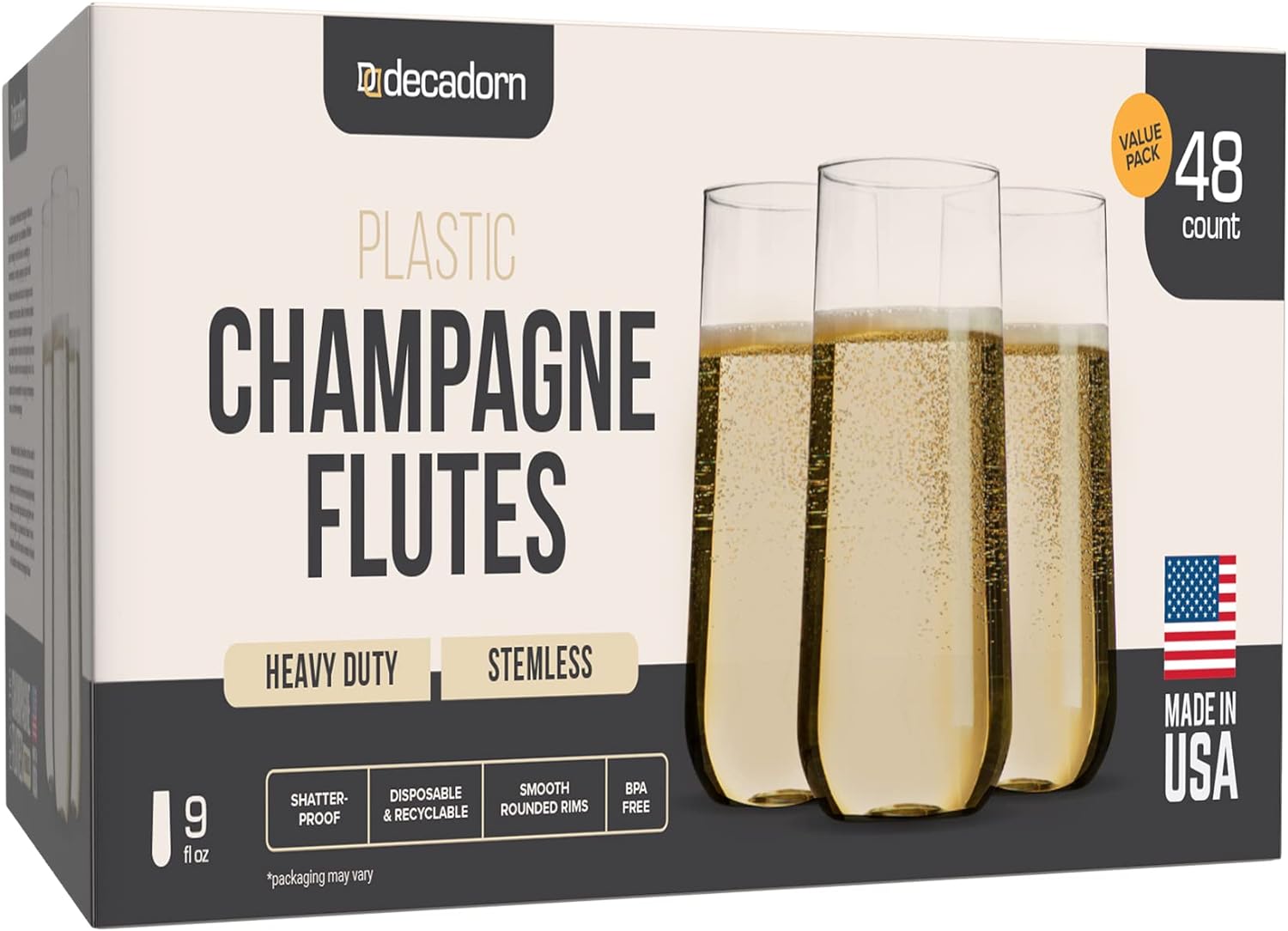 Clear Plastic Champagne Flutes Disposable 48 Pack 9oz Stemless Mimosa