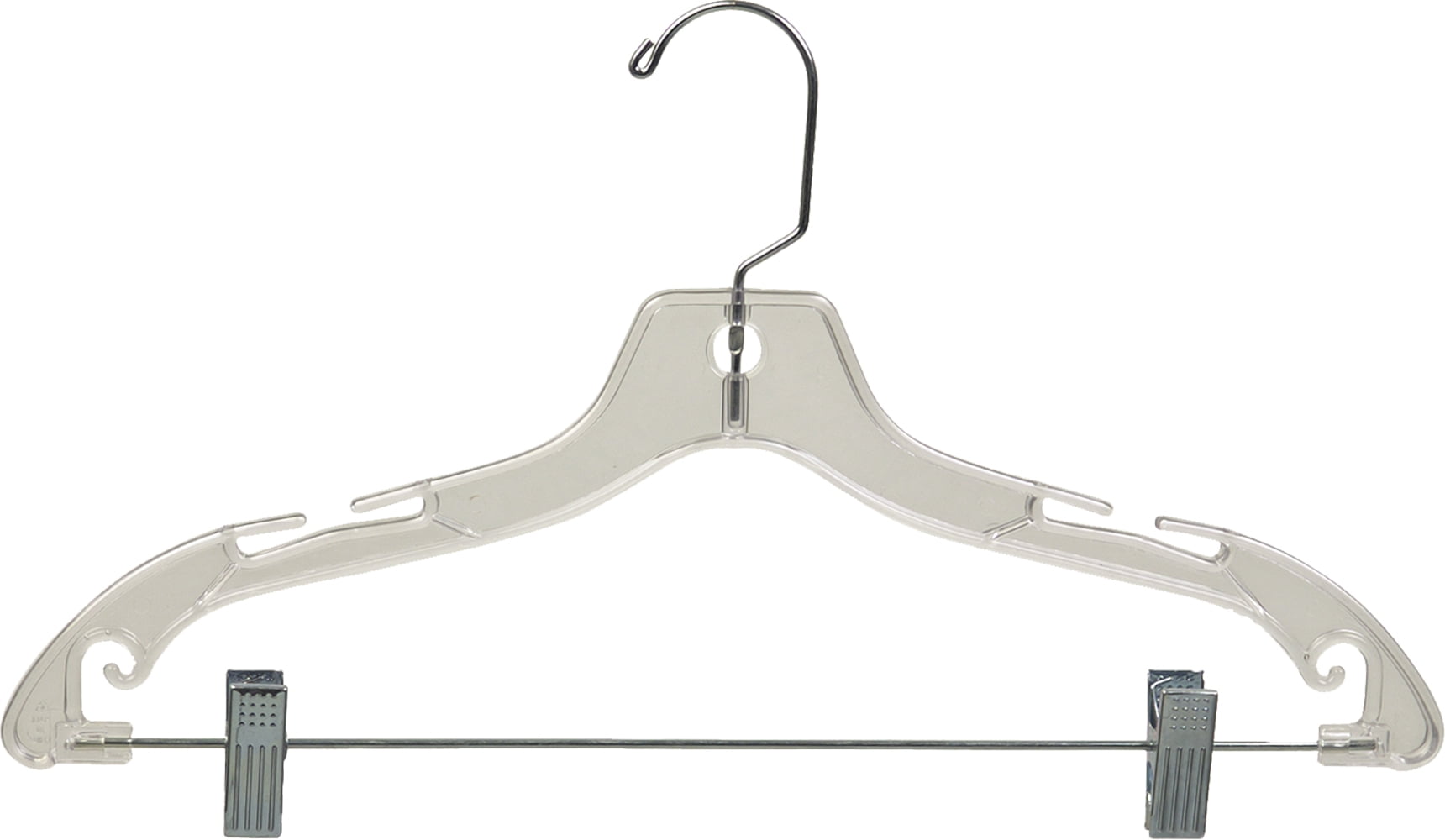 Clear Plastic Combo Hangers, Box of 50 Flat Ladies Hangers with Adjustable Cushion Clips and Chrome Swivel Hook