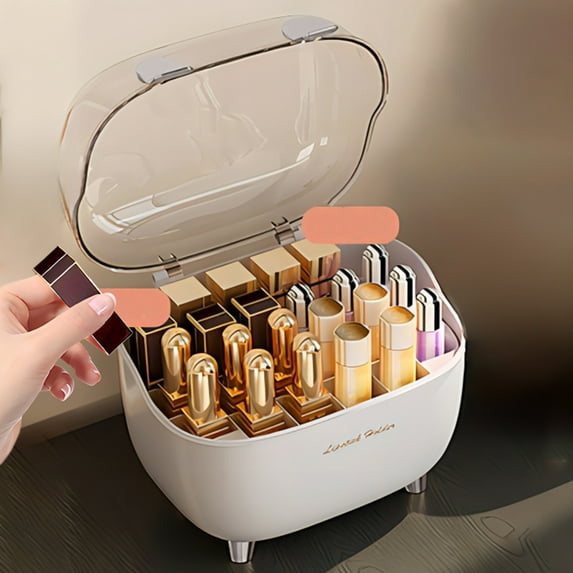 Clear Plastic Cosmetic Organizer with Lid - Dustproof Lipstick Storage Box for Lip Gloss, Makeup, Perfume, 20x16x16.6cm, Gold or Silver