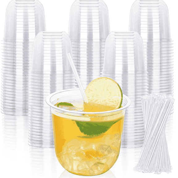 Wuxiuli Clear Plastic Cups 12 oz Heavy Duty Party Cups with Straws 100 Pack
