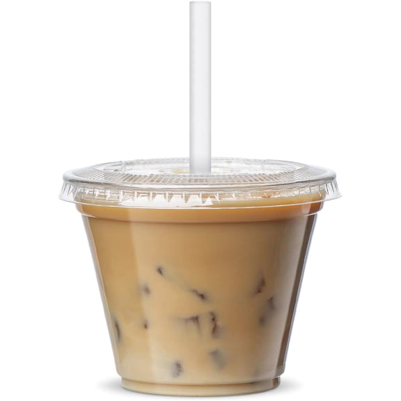 Clear Plastic Cups with Flat  [9 oz - 100 Count] - Disposable Iced Coffee Cups with  - PET Plastic Cold Cups for Smoothies, Juices & To-Go Drinks - Formerly Comfy Package