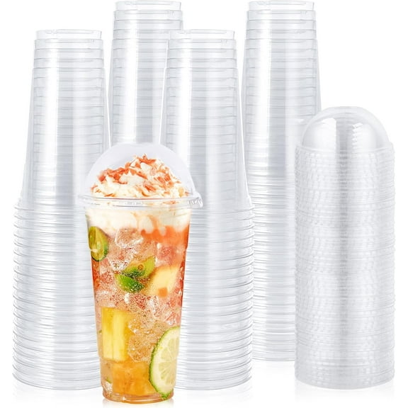 Clear Plastic Cups With Dome Lids, Disposable Plastic Drinking Cups, Parfait Cups for Ice Coffee, Smoothie, Bubble Boba