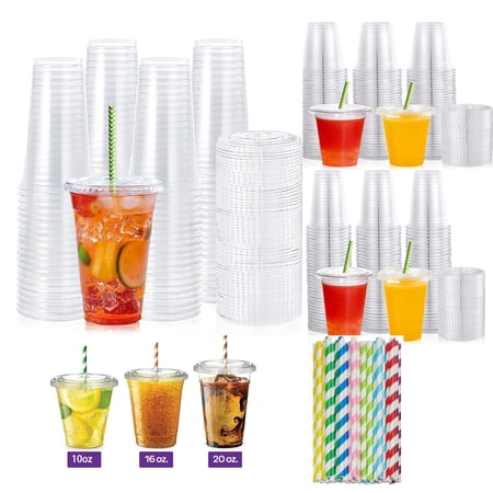 Clear Plastic Cups With Flat Lids & Straws Disposable Party Cups for Ice Coffee