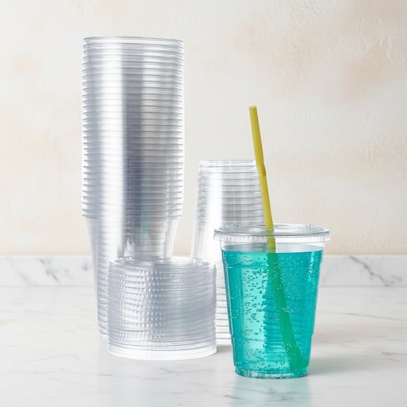 Clear Plastic Cups With Lids Disposable Cups for Iced Drinks Coffee Tea Smoothie Bubble Boba