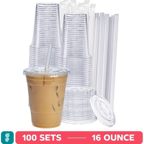 GUSTO 16 oz Clear Plastic Cups with Flat Lids & Straws, Disposable Drinking Cups for Iced Coffee, Milkshakes, & Smoothies, 100 Count