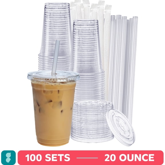 GUSTO Clear Plastic Cups with Lids and Straws, Disposable Iced Coffee Cups, 20 oz, 100-Pack