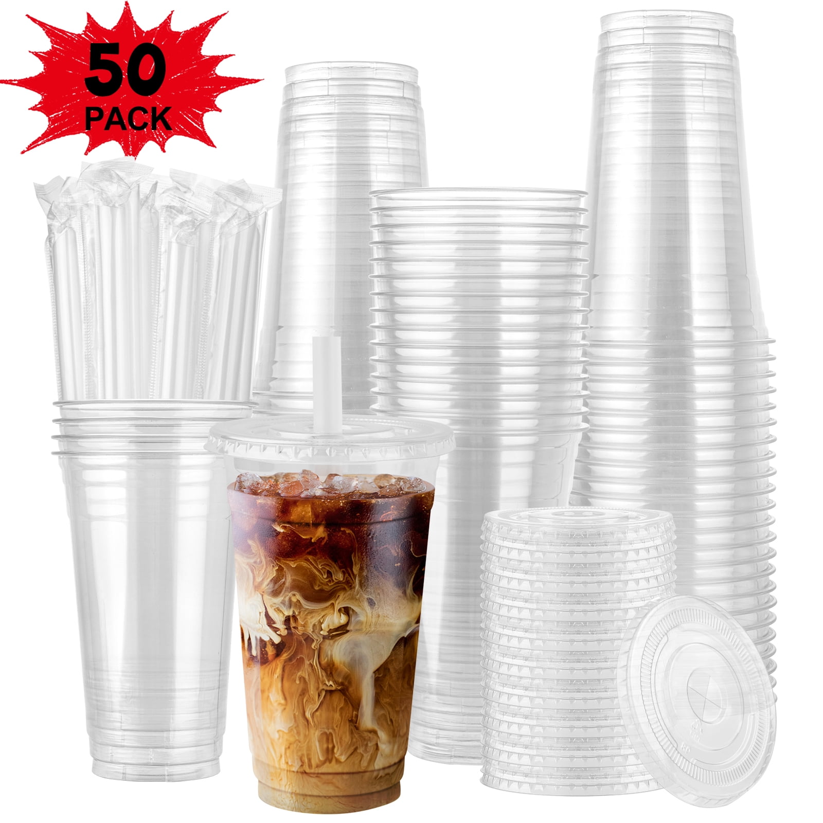 Clear Plastic Cups with Flat Lids and Straws, Disposable Drinking Cups