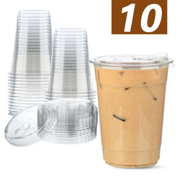 Clear Plastic Cups with Lids 10 Pack, 16 oz Disposable Cups for Iced Coffee Bubble Tea, Durable & Leak-Proof