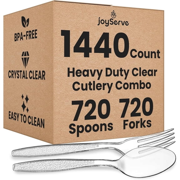 Clear Plastic Cutlery Set - (Bulk Case Pack of 1440 Pcs) Plastic Utensils Heavy Duty, 720 Forks and 720 Spoons, Silverware Sets for Party Supplies, Dinners, Take-Out, Catering, Food Services