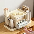 thumbnail image 1 of Clear Plastic Desk Organizer with Drawers and Compartments, Desktop Storage Caddy with Pen Holders for Office Supplies, Makeup, and Accessories, 1 of 6
