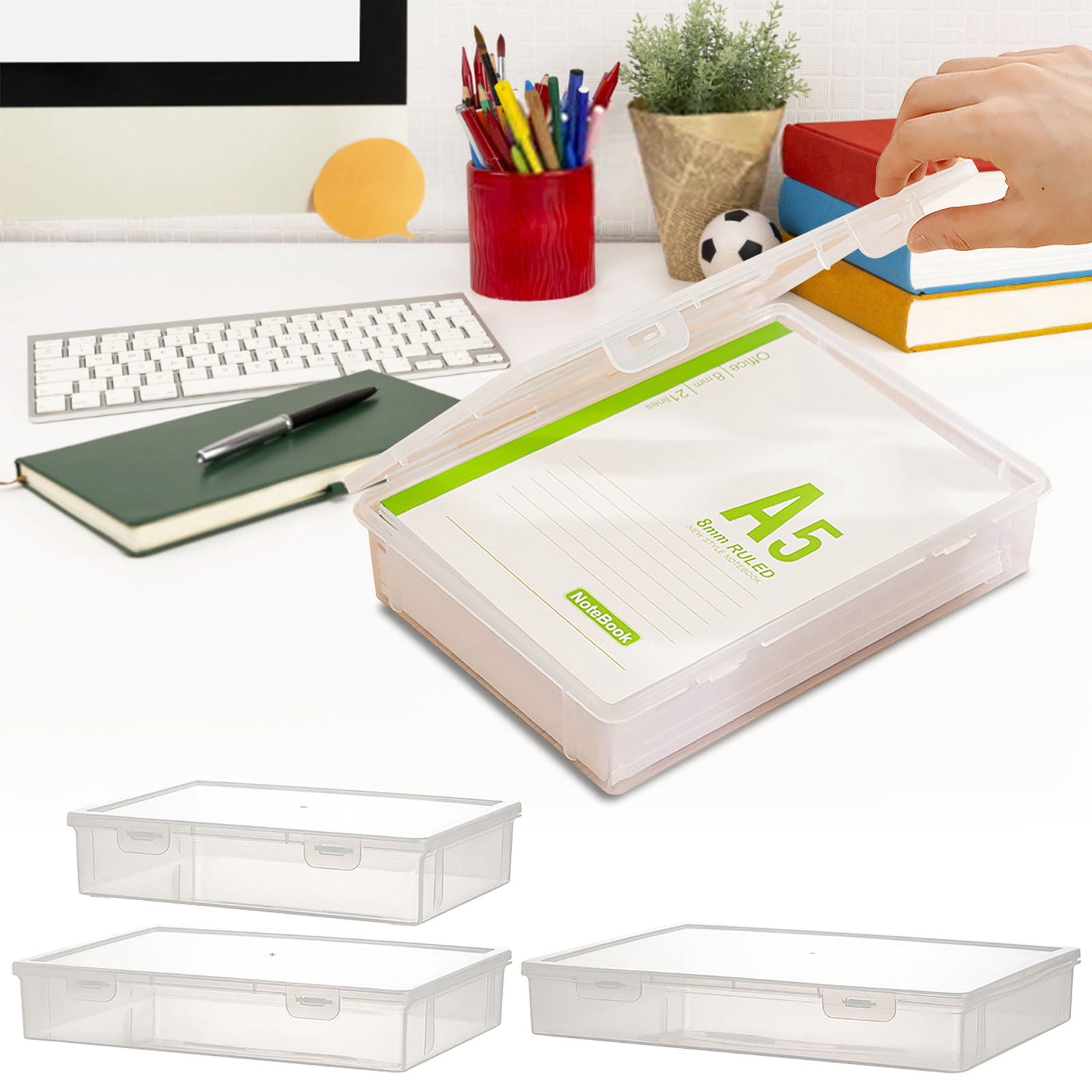 Clear Plastic Desktop File Storage Box with Lid, 5-Compartment ...